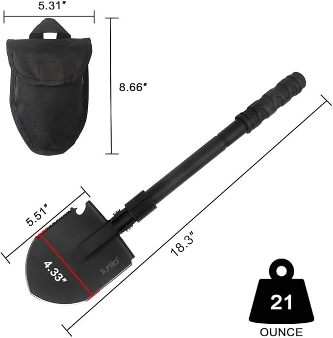 iunio Camping Shovel,Shovel Folding, Portable, Multitool, Foldable Entrenching Tool, Collapsible Spade, for Backpacking, Trenching, Hiking, Survival, Car Emergency