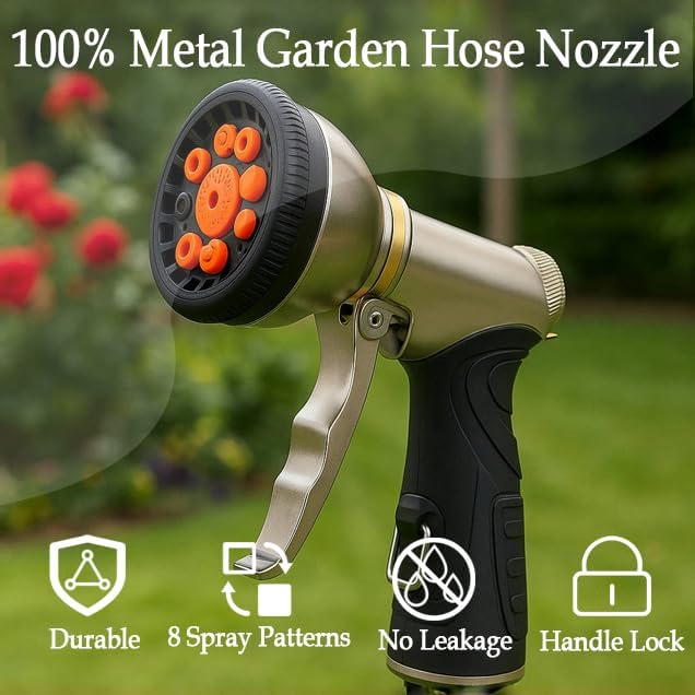 Garden Hose Nozzle,Heavy Duty Metal Water Hose Sprayer Nozzle with 9 Adjustable Spray Patterns,High Pressure Handheld Spray Nozzle Gun for Watering Plants, Car Washing