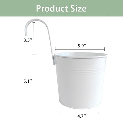 6 Pack Hanging Flower Pots, 6" White Metal Balcony Planters for Herb Succulent, Samll Railing Fence Hanging Bucket for Outdoor/Indoor Decoration (White, Pack of 6)