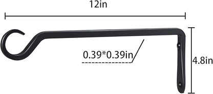 2 Pack Premium Forged Wall Hook, Sturdy Hanging Plant Bracket, Elegant Hook for Bird Feeders, Planters, Lanterns, Wind Chimes Indoor Outdoor, Upgrade Black, 12 Inch