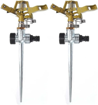 2 Pack Zinc Alloy Impact Sprinklers with Stand (Spike), Heavy Duty Zinc Alloy Lawn Sprinkler Head on Spike Base, Adjustable Watering Sprinkler for Large Area Grass Yards Patio Garden Irrigation