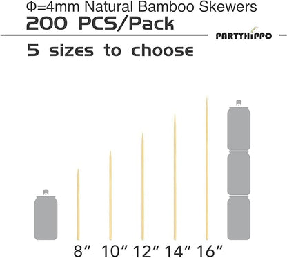 Natural Bamboo Skewers 8” Φ=4mm, (200 PCS) for BBQ，Appetiser，Fruit，Cocktail，Kabob，Chocolate Fountain，Grilling，Barbecue，Kitchen，Crafting and Party. More Size Choices /8"/10"/12"/14"/16" (8")