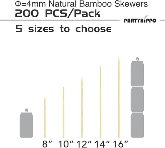 Natural Bamboo Skewers 14” Φ=4mm,(200 PCS) for BBQ，Appetiser，Fruit，Cocktail，Kabob，Chocolate Fountain，Grilling，Barbecue，Kitchen，Crafting and Party. More Size Choices /8"/10"/12"/14"/16"(14")