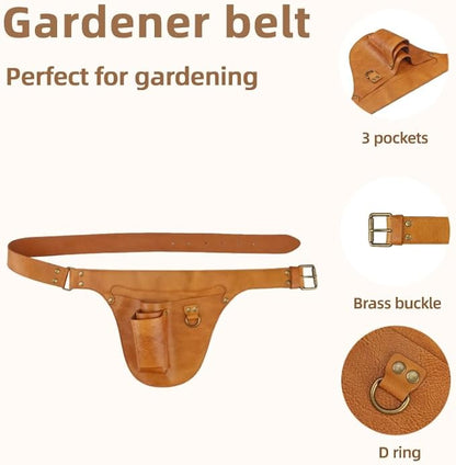 Tourbon Genuine Leather Florist Tool Belt Bag Gardener Farmer Tools Holster Waist Pouch Electrician Carpenter Organizer Kit 3 Pockets (Brownish Yellow, 42 inches)