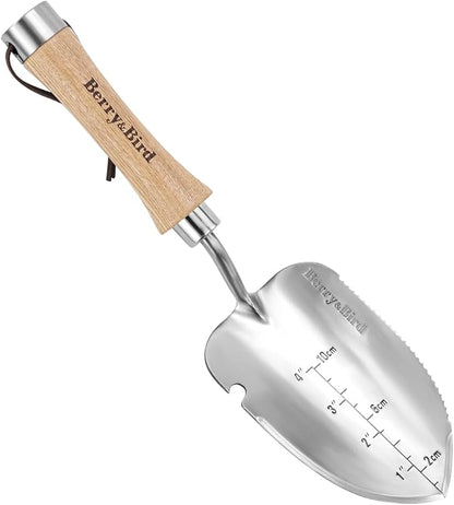 Berry&Bird Weeding Trowel, Multi- Use Hand Shovel with Serrated Blade Stainless Steel Garden Trowel Plus Size Potting Trowel with Wooden Handle for Transplanting, Digging, Measuring, Cutting Roots