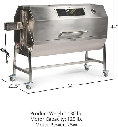 Ash & Ember 25 Watt Stainless Steel BBQ Rotisserie Grill, Rated 125 LB for Medium Game, Hood with Viewing Window, Portable Electric Outdoor Roaster with Dual Prongs, Single Leg Bracket, and Spine Fork