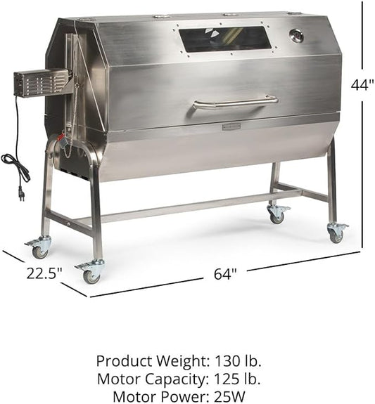 Ash & Ember 25 Watt Stainless Steel BBQ Rotisserie Grill, Rated 125 LB for Medium Game, Hood with Viewing Window, Portable Electric Outdoor Roaster with Dual Prongs, Single Leg Bracket, and Spine Fork