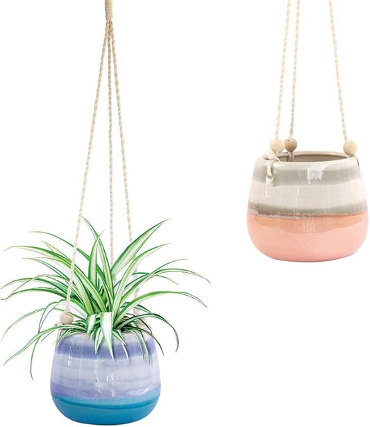 23 Bees Ceramic Hanging Planter | Blue Succulent Pots | Round Plant Holder Container | Cactus Pot with Cotton Rope Hanger | Indoor Outdoor Decor (1 Pack x Blue Horizon)