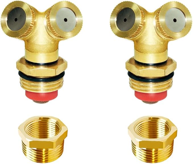 Joywayus Brass Misting Spray Nozzle 3/4" GHT Male 2-Holes Garden Sprinklers Irrigation Connector Water Sprinklers Mister Heads Fitting with Filter Mesh (Pack of 2)