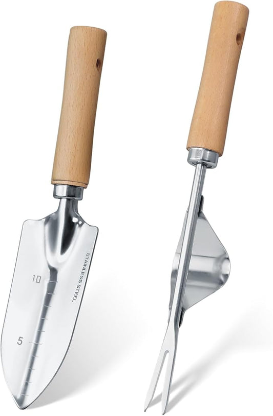Garden Tool Set, 2 Pieces Stainless Steel Heavy Duty Garden Tools, Garden Kit with Ergonomic Wooden Handle, Durable Garden Tools for Gardening, Gardening Gifts for Women