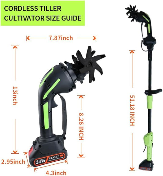 24V Cordless Tiller Cultivator, 4-Inch Tilling Width and Depth, Handheld with Extension Rod, 235 RPM Electric Garden Tiller, Lightweight 1.2kg Body, 2 × 1.5Ah Batteries & Charger (24V-Green)
