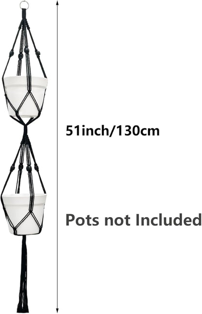 Belit 2 Pack Double Macrame Plant Hangers 2 Tier Hanging Planter Basket Decorative Flower Pot Holder Rope for Indoor Outdoor Home Decor 51 Inch, Black