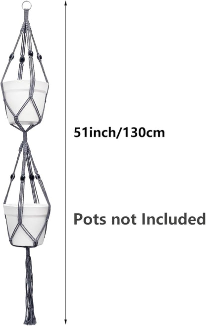Belit 2 Pack Double Macrame Plant Hangers 2 Tier Hanging Planter Basket Decorative Flower Pot Holder Rope for Indoor Outdoor Home Decor 51 Inch, Grey
