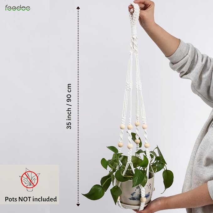 Macrame Plant Hanger, Hanging Planters for Indoor Plants Holder with Wood Beads, Hanging Plant Holder for Indoor Outdoor, Gifts for Plant Lovers, Boho Home Decor Plant Hanger, Ivory