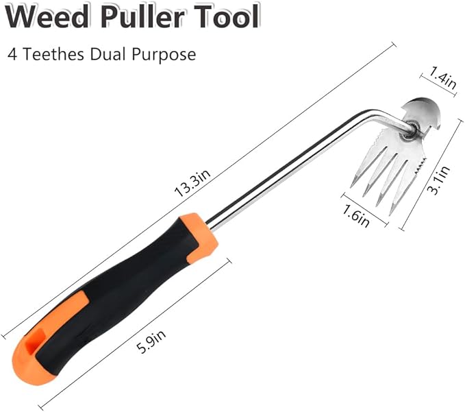 Weed Puller Tool，2024 New Garden Weeder Tool Stainless Steel Hand Weeder Tool,4 Teethes Dual Purpose Weed Remover Tool Weeding Tools for Gardening (Rubber Handle)