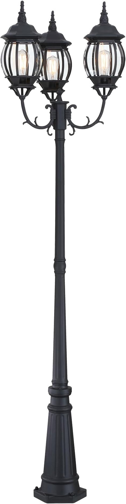 94 Inch 3-Light Post Lantern For Patio Lawn Pathway Triple-Head Post Light For Front Yard Outdoor Street Light 94” Exterior Pole Lights,Aluminium Alloy,Clear Glass Shade,E26(Bulbs Not Included)