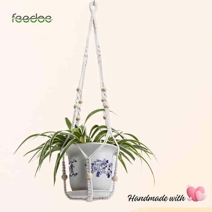 Macrame Plant Hanger, Hanging Planters for Indoor Plants Holder with Wood Beads, Hanging Plant Holder for Indoor Outdoor, Gifts for Plant Lovers, Boho Home Decor Plant Hanger, Ivory