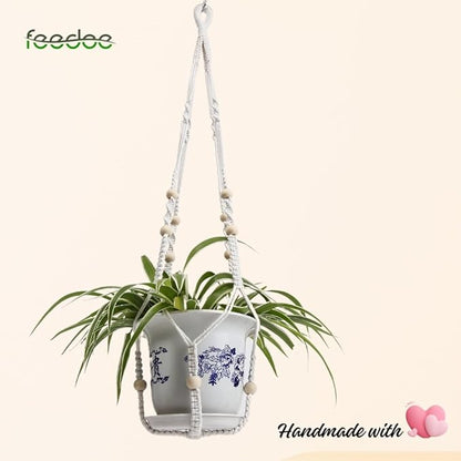 Macrame Plant Hanger, Hanging Planters for Indoor Plants Holder with Wood Beads, Hanging Plant Holder for Indoor Outdoor, Gifts for Plant Lovers, Boho Home Decor Plant Hanger, Ivory