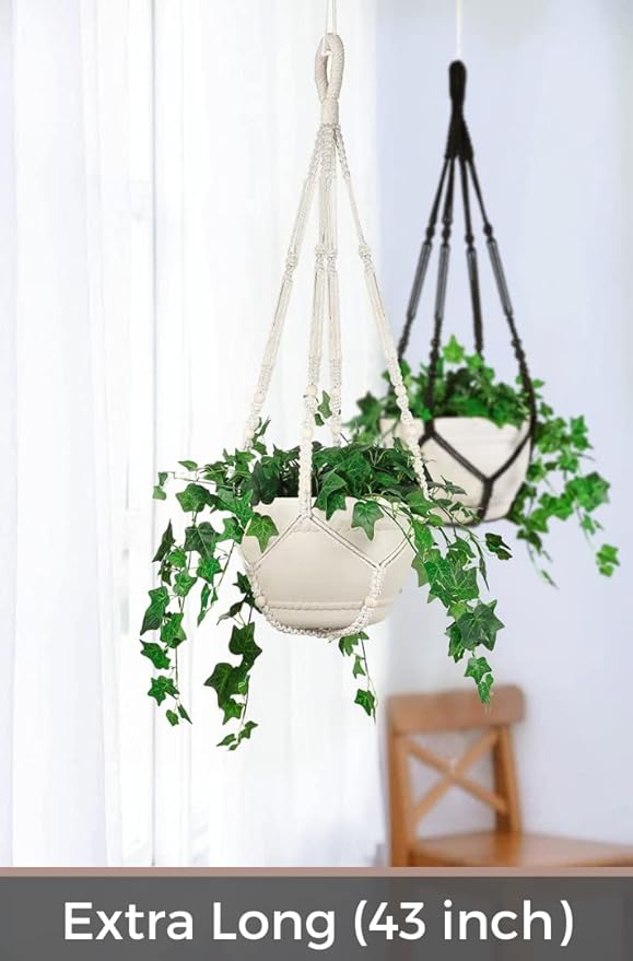 2 Pack 43 Inches Macrame Planter Hanger Large for 12 inch Pot + Swag Hook (Extra Long & Big) | Large Hanging Planter for Indoor Plants | No Tassel, Cotton Rope, No Pot/Plant Included (XL)