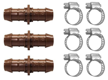 LECTO Universal 5/8", 1/2", .700" Drip Line Repair & Extension Kit – 3 Pack Plastic Couplers with 6 Stainless Steel Hose Clamps