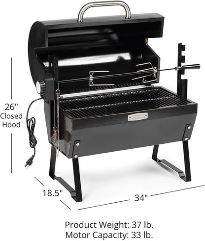 Ash & Ember 4W Rotisserie Spit Roaster Grill, Rated 33 LB, Horizontal Adjustable Spit Rod for Outdoor Charcoal BBQ with Hood, Roast Chicken, Lamb, Pig, Beef