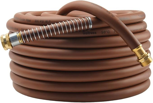 Garden Hose 90FT x 5/8", Heavy Duty Rubber Hose, Water Hose with Five Layered Braiding, Male to Female Fittings, 1000PSI Burst, 300PSI Working (Brown)