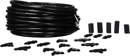 Raindrip R280DT Drip-A-Long™ 1/4 in. Dripline Kit includes 50 feet of 1/4-Inch Dripline preassembled with 1/2 GPH drippers, 5 Barbed Tees, 5 Barbed Elbows, 5 Barbed Couplings, 5 End Plugs