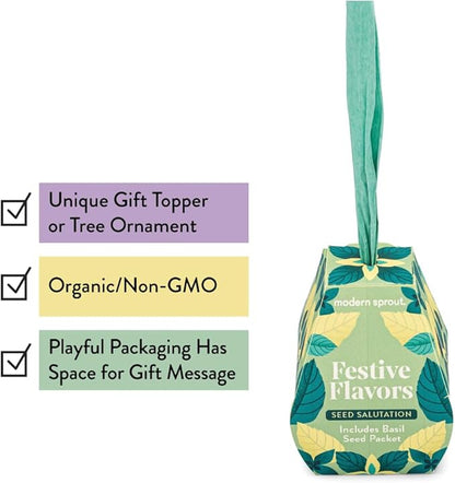 Modern Sprout Seed Salutations - Garden Seed Packet Gift Tag/Ornament - Organic Basil Seeds for Planting Indoor & Outdoor - Unique Gardening Gifts for baby shower, birthdays - 12 Pack(Festive Flavors)