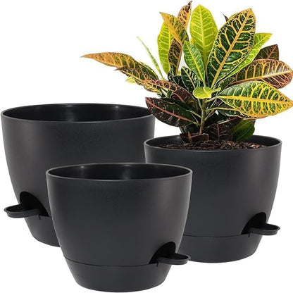 10/9/8 inch Self Watering Pots, Set of 3 Plastic Planters with Mesh Drainage Holes and Deep Reservoir for Indoor Outdoor Garden Plants and Flowers, Black
