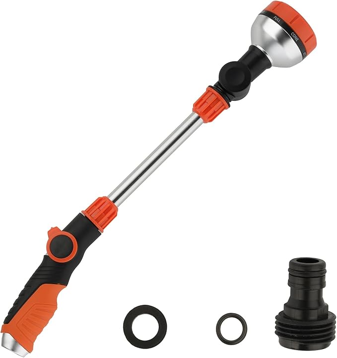 17.5" Gardening Watering Wand | 8 Spray Patterns & Thumb-Controlled Switch | 180° Rotating Long Nozzle| for Plants, Hanging Baskets and Shrubs, Pet Bathing, Wall Washing (orange)