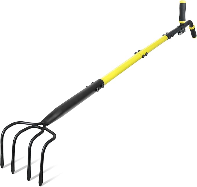 Jardineer 4-Tine Cultivator Rake with Auxiliary Handle, Garden Cultivator Long Handle, Hand Tiller Tool for Gardening Digging Loosening Weeding