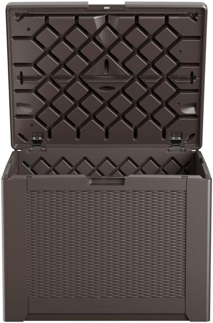 Rubbermaid Medium Resin Outdoor Storage Deck Box (74 Gal) Weather Resistant Brown Deck Organization for Home/Backyard/Pool Chemicals/Toys/Garden Tools/Porch/Patio Cushions