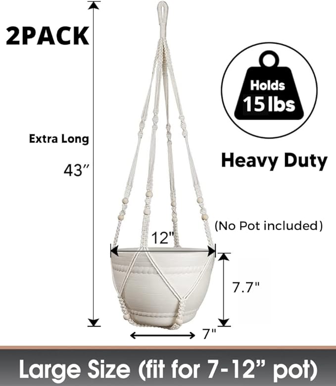 2 Pack 43 Inches Macrame Planter Hanger Large for 12 inch Pot + Swag Hook (Extra Long & Big) | Large Hanging Planter for Indoor Plants | No Tassel, Cotton Rope, No Pot/Plant Included (XL)