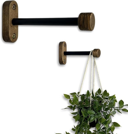EvenWood 2-Piece Set of Wooden Plant Hooks for Wall with Sturdy Metal Tube - Plant Wall Hanger for Pots, Flower Brackets - Bracket Plant Hanger for Indoor and Outdoor Decorations (Walnut, 6 Inch)