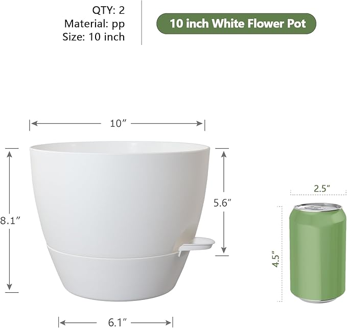 10 inch Self Watering Pots, 2 Pack Plastic Planters with Mesh Drainage Holes for Garden Plants and Flower, Plants Pots with Deep Reservoir for Indoor Outdoor Plants, White