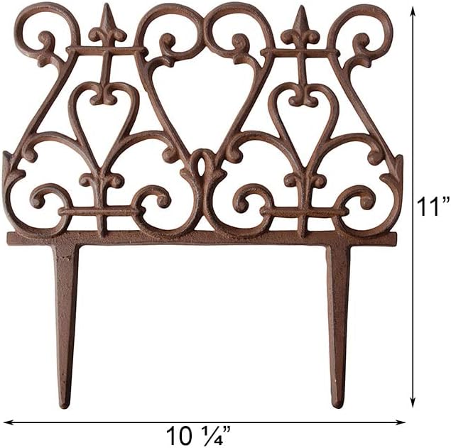 Bulk Pack of 12 Esschert Design Scroll Garden Fence Pieces, 11" H – Cast Iron Decorative Border Edging with Scroll & Finial Design, Rust Finish – Elegant Landscape or Flower Bed Fencing