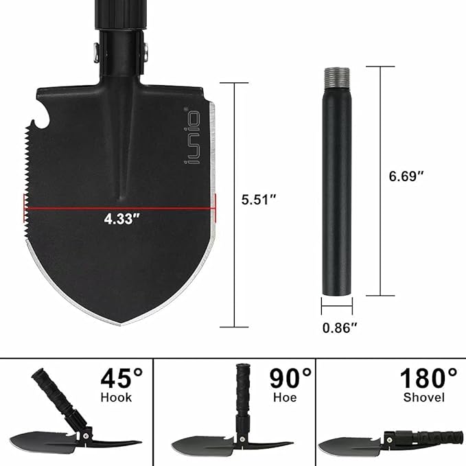 iunio Camping Shovel,Shovel Folding, Portable, Multitool, Foldable Entrenching Tool, Collapsible Spade, for Backpacking, Trenching, Hiking, Survival, Car Emergency