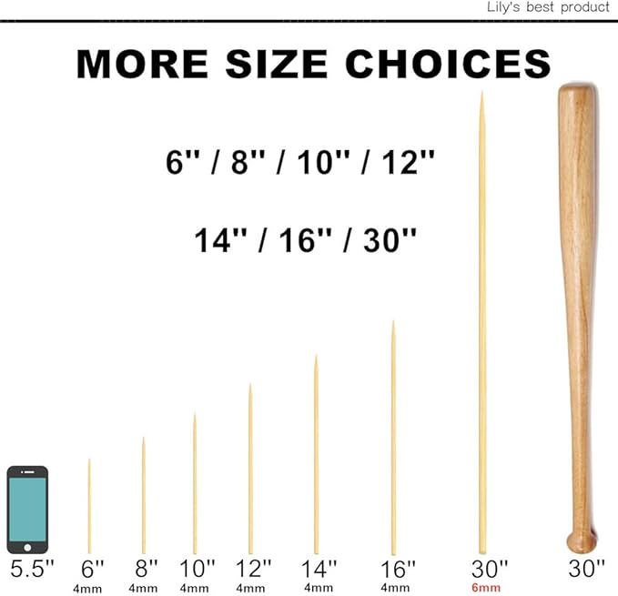 HOPELF 10" Natural Bamboo Skewers for BBQ，Appetiser，Fruit，Cocktail，Kabob，Chocolate Fountain，Grilling，Barbecue，Kitchen，Crafting and Party. Φ=4mm, More Size Choices 6"/8"/12"/14"/16"/30"(100 PCS)