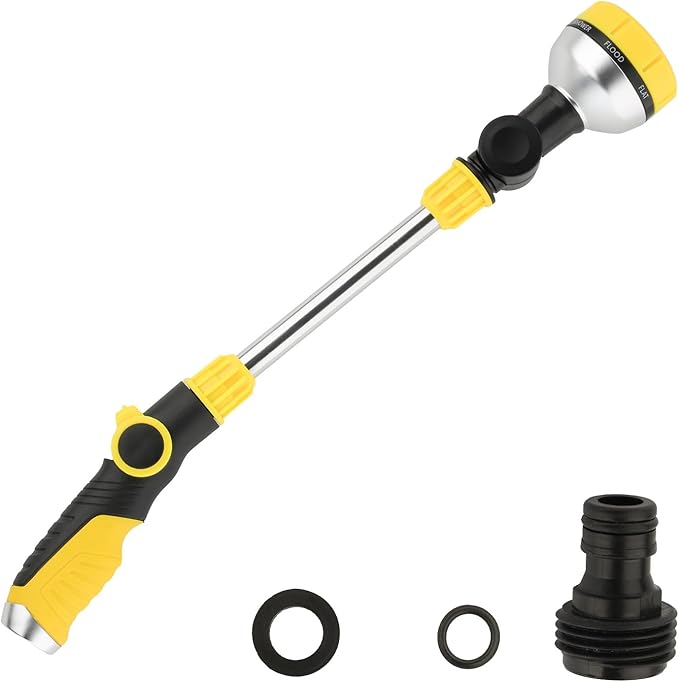 17.5" Gardening Watering Wand | 8 Spray Patterns & Thumb-Controlled Switch | 180° Rotating Long Nozzle| for Plants, Hanging Baskets and Shrubs, Pet Bathing, Wall Washing (yellow)