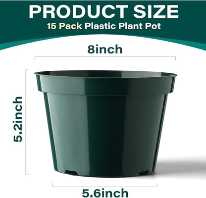 BTPLASTIK 8 Inch Plastic Plant Pots, 15 Pack Sturdy Nursery Pots with Drainage Holes, Flower Planter Pots for Indoor Outdoor, Garden Containers Sets for Vegetable Herbs Flowers, Green