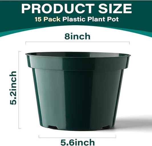 BTPLASTIK 8 Inch Plastic Plant Pots, 15 Pack Sturdy Nursery Pots with Drainage Holes, Flower Planter Pots for Indoor Outdoor, Garden Containers Sets for Vegetable Herbs Flowers, Green