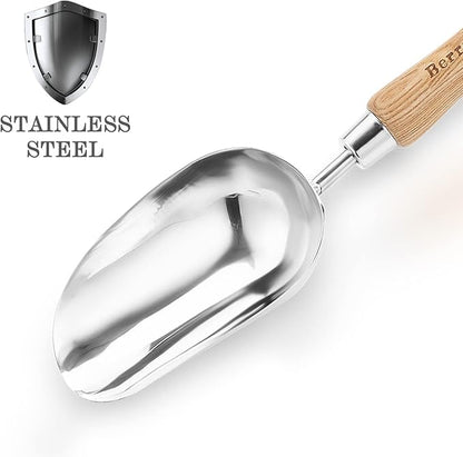 Berry&Bird Garden Loose Soil Scoop, Stainless Steel Hand Shovel Spade with Wood Handle Multi Function Gardening Trowel Spoons for Transplanting, Digging, Planting, Cultivation