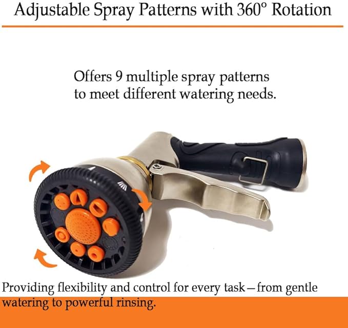 Garden Hose Nozzle,Heavy Duty Metal Water Hose Sprayer Nozzle with 9 Adjustable Spray Patterns,High Pressure Handheld Spray Nozzle Gun for Watering Plants, Car Washing