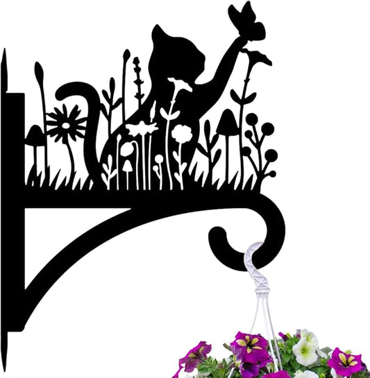 peacoblue Iron Plant Hangers Hooks for Outdoor Indoor Hanging Plants Flower Fern Pots Lantern Bird Feeder Wind Chimes, 12"x16" Cat and Flowers Weather Resistant Metal Wall Holder for Porch Farmhouse