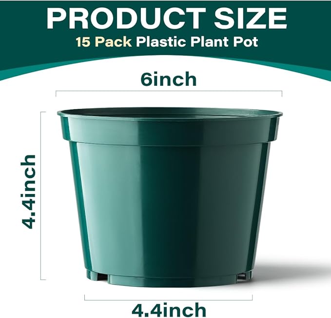 BTPLASTIK 15 Pack 6 Inch Plant Pots with Drainage Holes, Sturdy Plastic Nursery Pots for Plants, Thickened Flower Pots for Indoor Outdoor Planting Transplanting, Succulents, Seedlings, Green