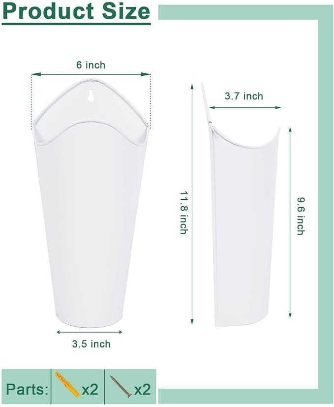 vensovo 12 Inches Galvanized Wall Planters - 2 Packs Metal Tin Vases for Flowers Indoors, Farmhouse Hanging Planter Tall Flower Holder for Country Decor Outdoors, White