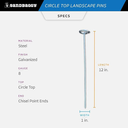 Sandbaggy 12-inch Circle Top Pins - Landscape Staples (Galvanized) - Garden Stakes for Landscaping, SOD - Heavy Duty Ground Stakes, Lawn Turf Spikes, Christmas Decorations, Weed Mats (150 Pins)