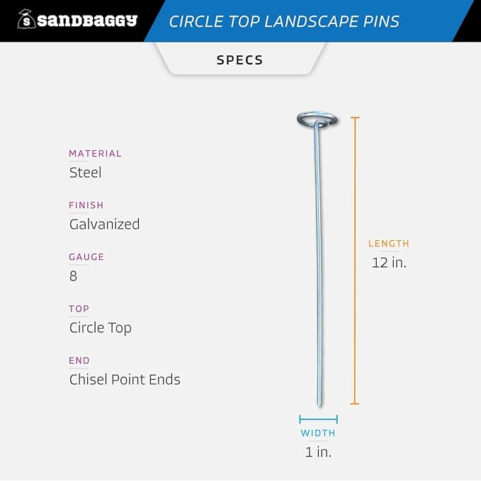Sandbaggy 12-inch Circle Top Pins - Landscape Staples (Galvanized) - Garden Stakes for Landscaping, SOD - Heavy Duty Ground Stakes, Lawn Turf Spikes, Christmas Decorations, Weed Mats (50 Pins)