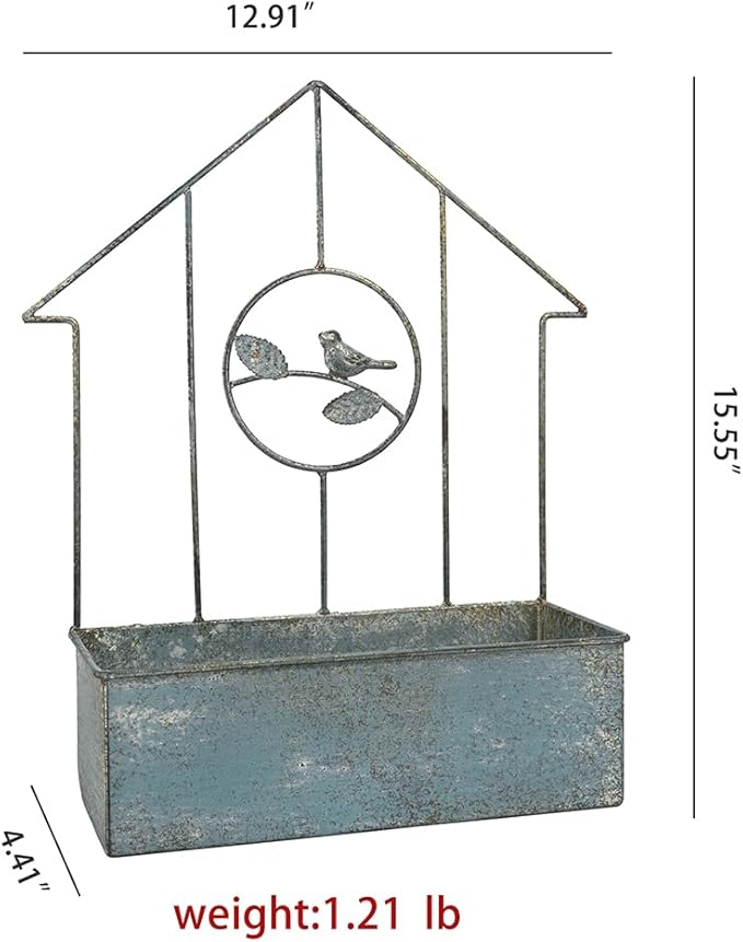 Metal Planter Wall Hanging Baskets Wall Mounted Planter Decor,House-Shaped with Bird Design for Outdoor/Indoor Shabby Chic Wall Decor