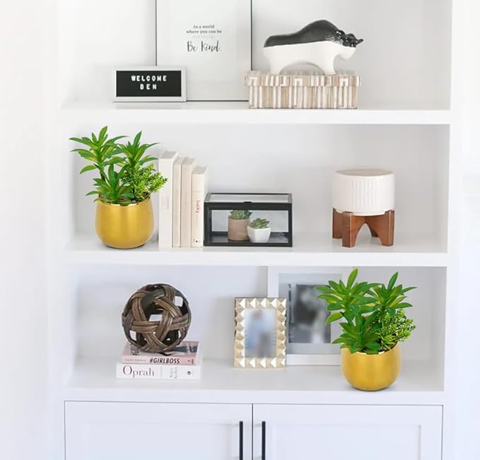 Briful Artificial Succulents Plants in Ceramic Pot, Faux Succulent with Gold Planters – Modern Desk Decor for Home Office Shelf Bathroom, Small Fake Plants Potted